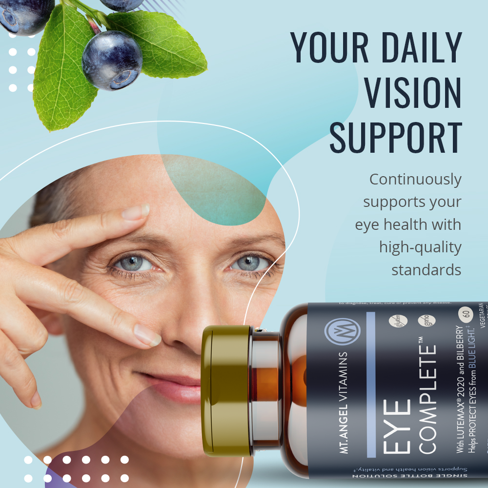 Close up of woman's eyes next to bottle of Mt. Angel Vitamins Eye Complete. eye health vision health vision supplement best eye product dry eyes screen time blue light lutein