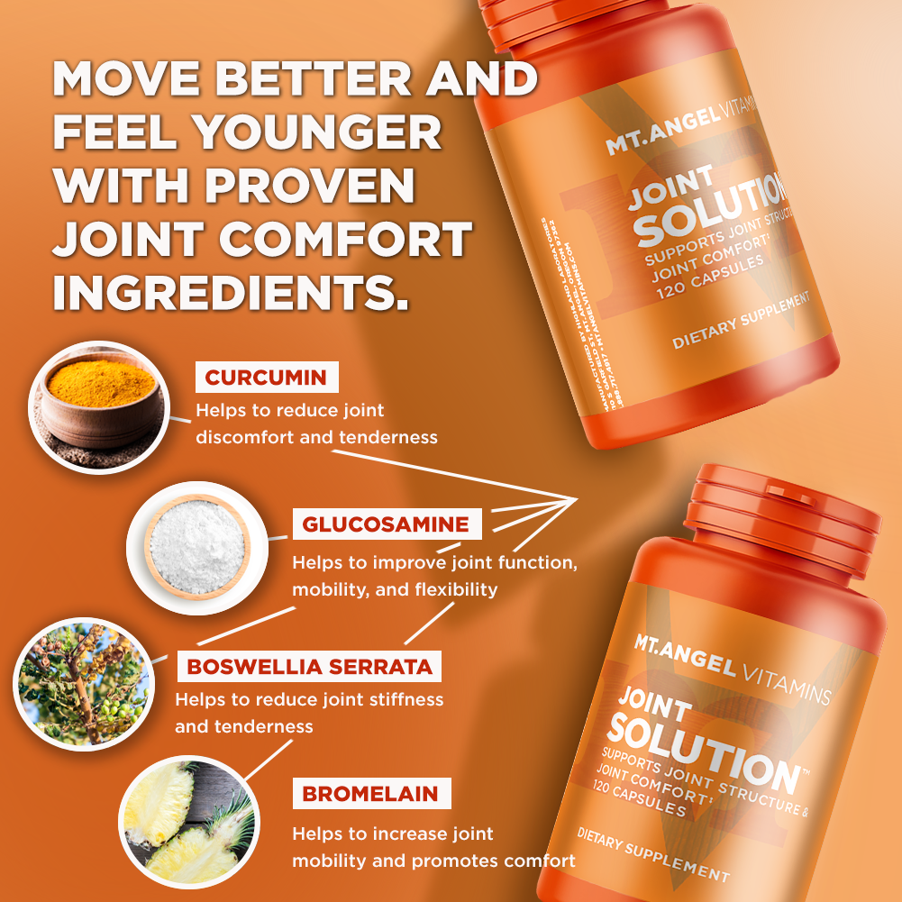 Two bottles of Mt. Angel Vitamins' Joint Solution next to the words "Move better and feel younger with proven joint comfort ingredients". Images of ingredients and their descriptions below. joint health joint support inflammation response swelling joint vitamin move free joint supplement