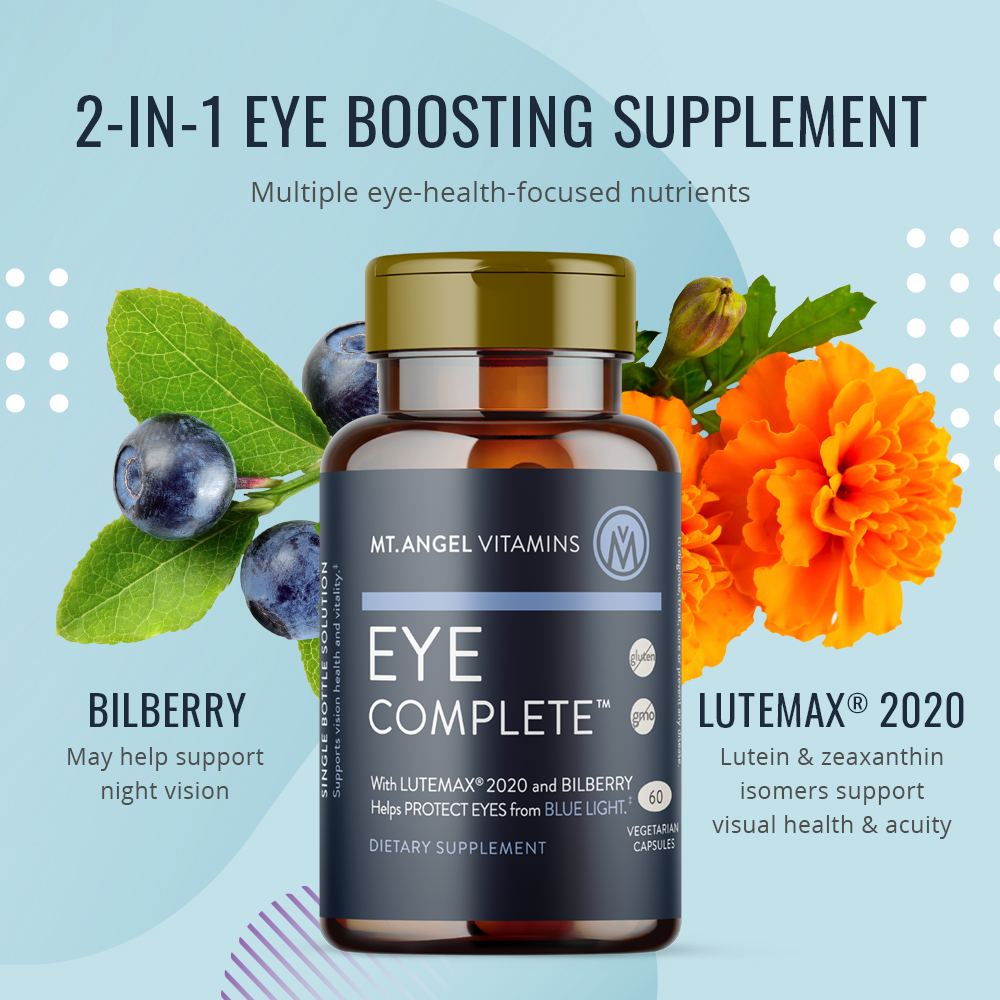 Bottle of Mt. Angel Vitamins Eye Complete in from of marigold flowers and bilberry. eye health vision health vision supplement best eye product dry eyes screen time blue light lutein