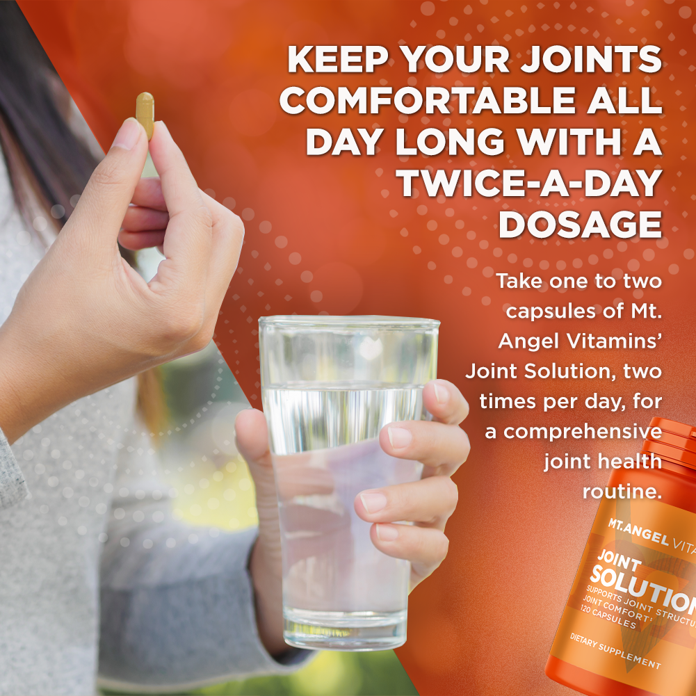 Women taking a capsule with water and the words "keep your joints comfortable all day long with a twice-a-day dosage". joint health joint support inflammation response swelling joint vitamin move free joint supplement