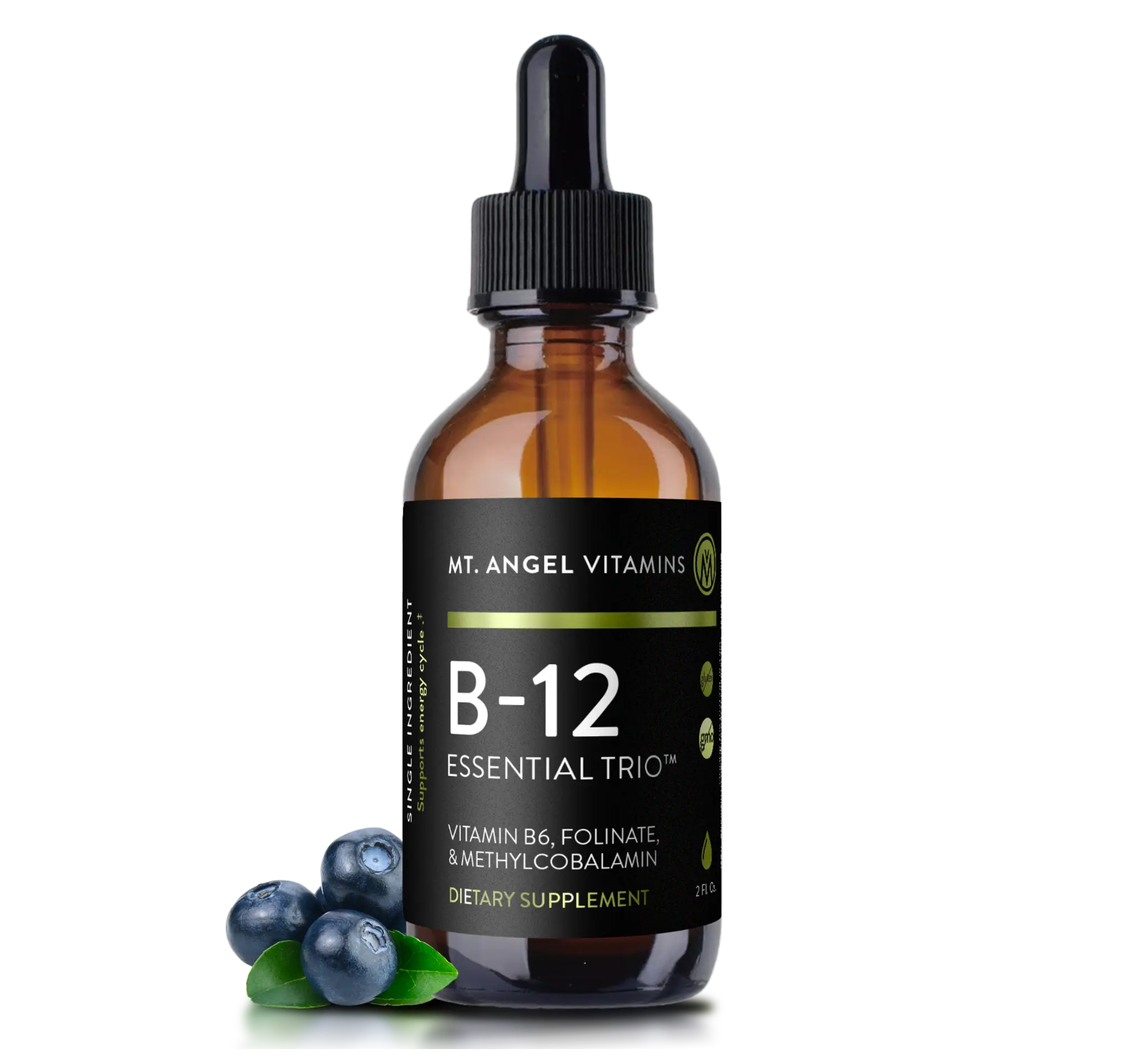 Actual B-12 Essential Trio bottle shown with blueberries
