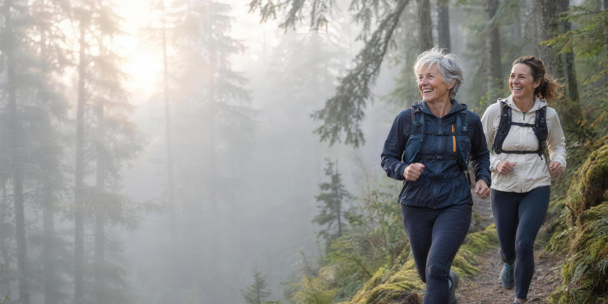 A woman in her seventies and her daughter in her forties running a misty Oregon forest trail at sunrise