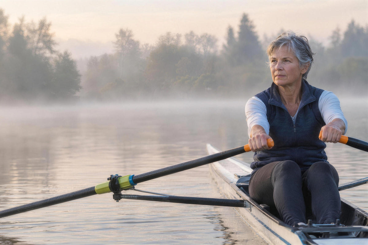 A woman in her sixties rowing a single scull on a misty Willamette Valley river at dawn