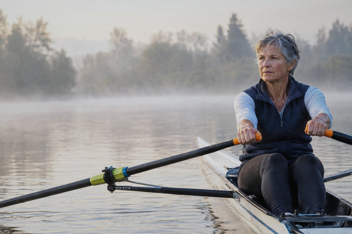 A woman in her sixties rowing a single scull on a misty Willamette Valley river at dawn