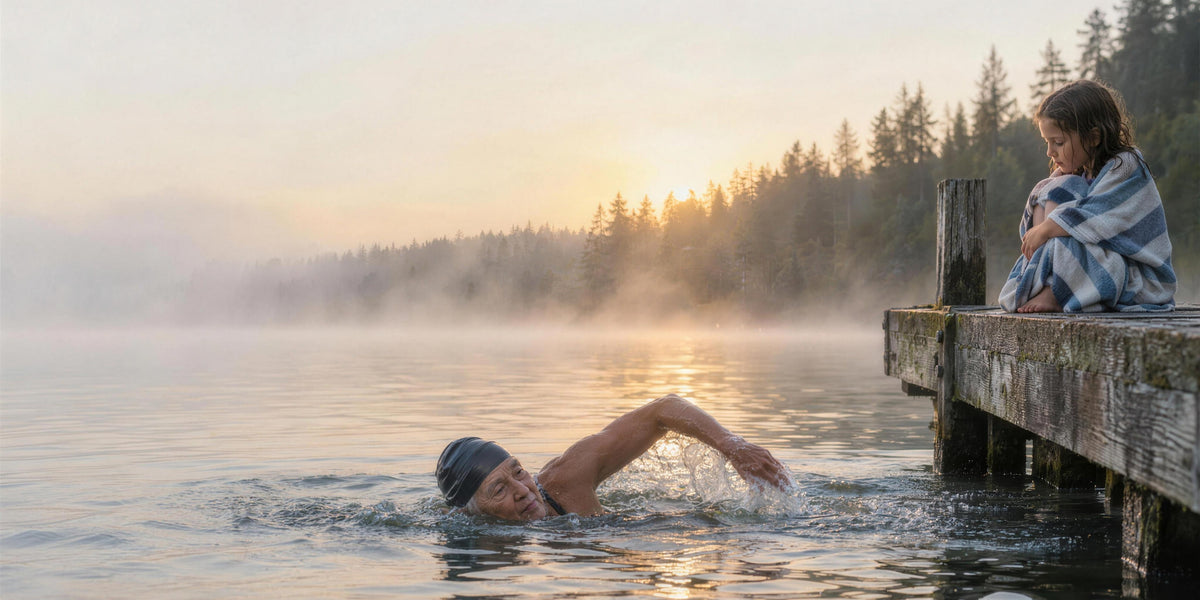 A grandmother swimming in a misty lake at sunrise while her granddaughter watches from the dock
