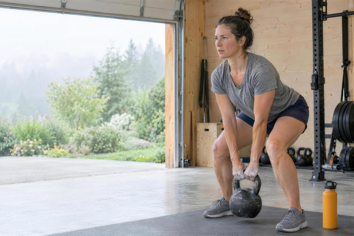 A woman in her late thirties doing a kettlebell deadlift in a home garage gym on a misty morning