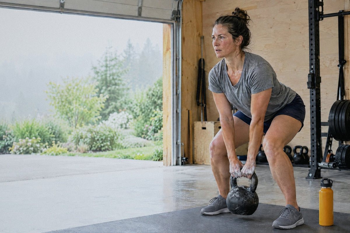 A woman in her late thirties doing a kettlebell deadlift in a home garage gym on a misty morning