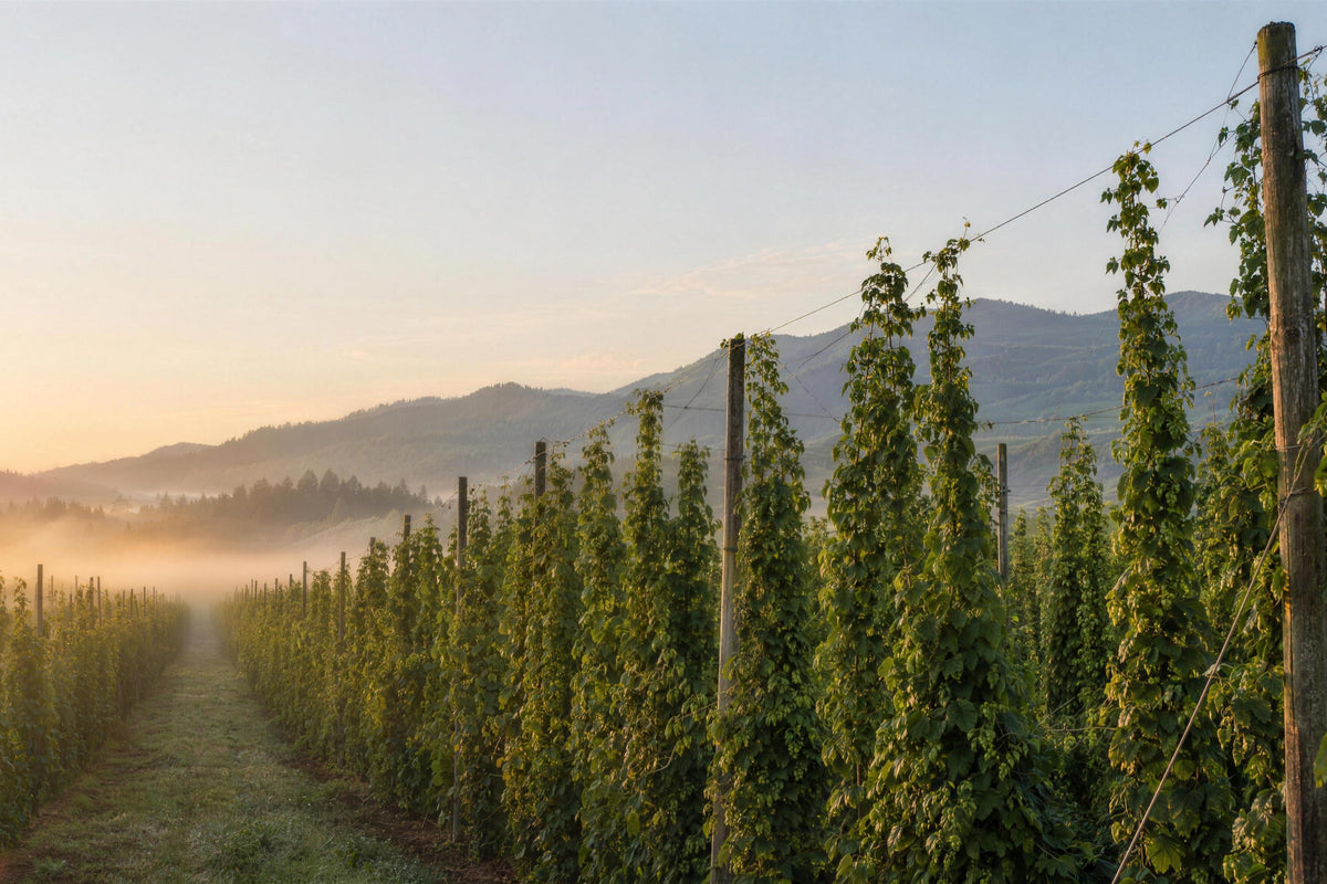 Hop yard in Oregon's Willamette Valley at sunrise