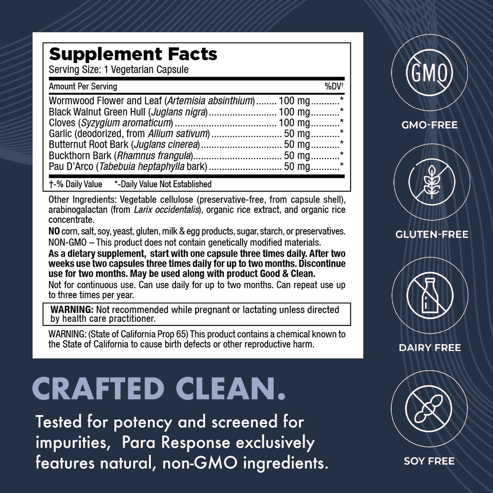 Supplement Facts panel Mt. Angel Vitamins Para Response Non-GMO, Gluten-Free, Dairy-Free, Soy-Free. Vegetarian capsules colon detox parasite gut health gut resent colon cleanse gastrointestinal support vitamins supplement parasite defense