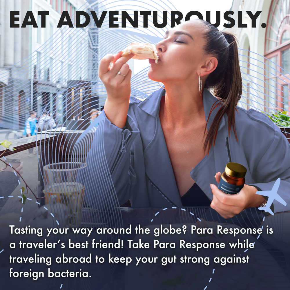 Women eating abroad with bottle of Para Response. Vegetarian capsules colon detox parasite gut health gut resent colon cleanse gastrointestinal support vitamins supplement parasite defense