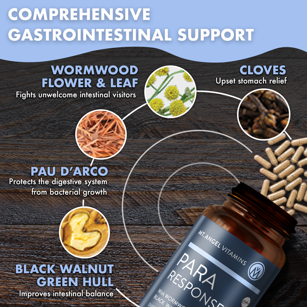 Para Response contains Wormwood Flower and Leaf, Cloves, Pau'D Arco and Black Walnut Green-Hull, among other ingredients. Vegetarian capsules colon detox parasite gut health gut resent colon cleanse gastrointestinal support vitamins supplement parasite defense