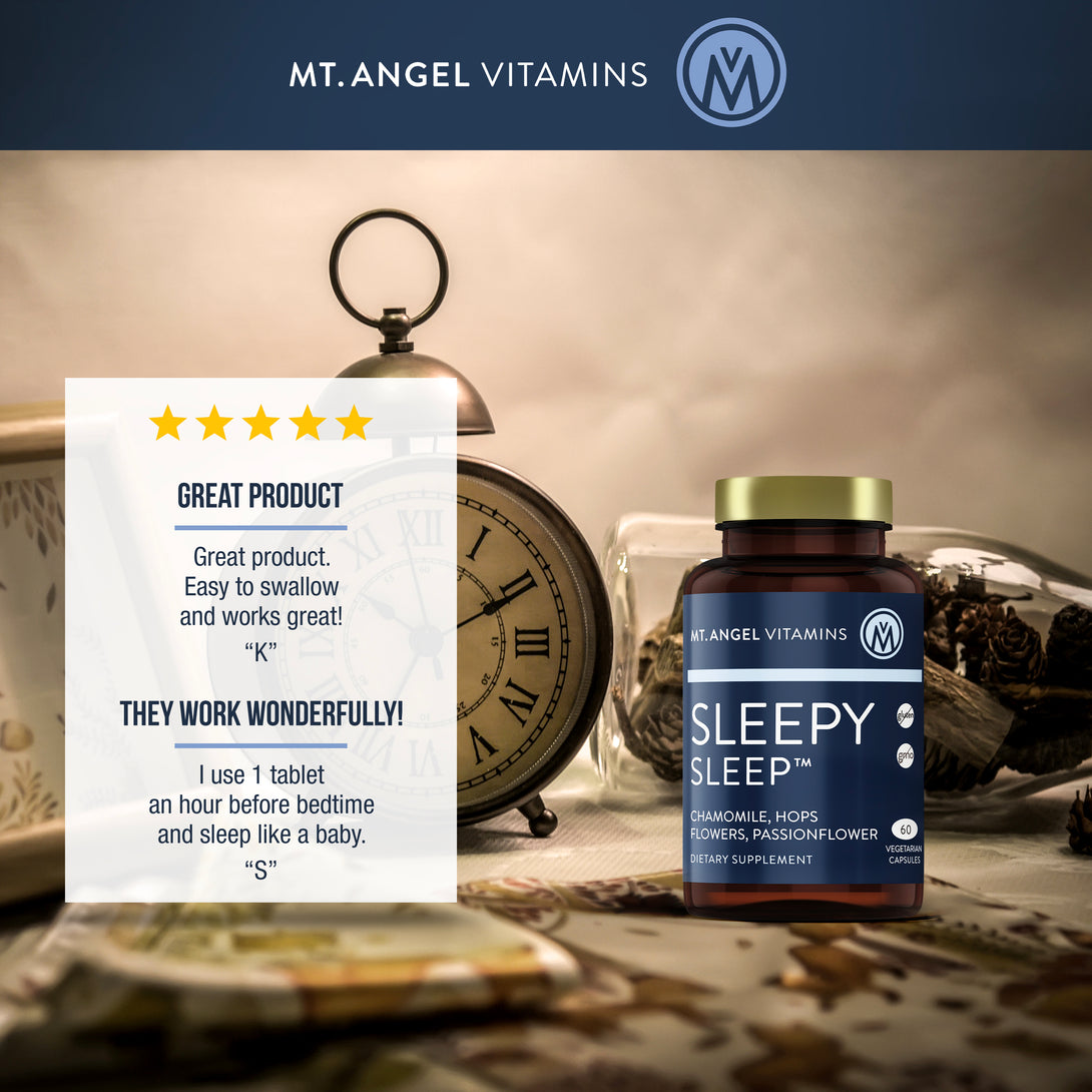 A blue bottle of Mt. Angel Vitamins Sleepy Sleep is shown on top of an image of an antique clock. Next to the bottle there is a white box with two glowing reviews about Mt. Angel Vitamins Sleepy Sleep product. The Mt. Angel Vitamins logo is at the top.
