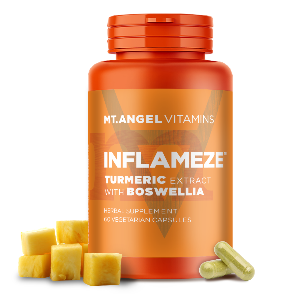 Bottle of Mt. Angel Vitamins' Inflameze with white background. Chopped Pineapple and capsules sit next to the bottle. Bromelain joint health joint support muscle recovery workout recovery move free turmeric Boswellia serrata inflammation swollen joints
