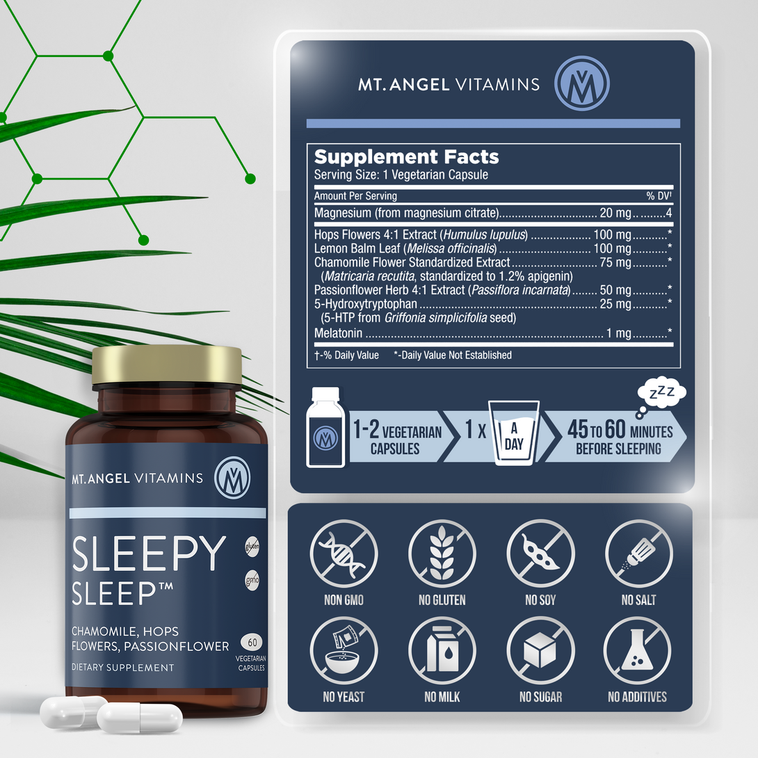 Image of Mt. Angel Vitamins Sleepy Sleep bottle next to Supplement Facts Panel containing ingredients Hops Flowers, Lemon Balm Leaf, Chamomile Flower Extract, Passionflower Herb Extract, 5-HTP, Melatonin. White capsules in front with white background and green plant in back.