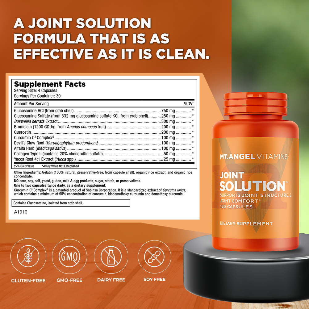 Image of a bottle of Mt. Angel Vitamins' Joint Solution, next to image of the Supplement Facts Panel and the words "A joint solution formula that is as effective as it is clean". joint health joint support inflammation response swelling joint vitamin move free joint supplement