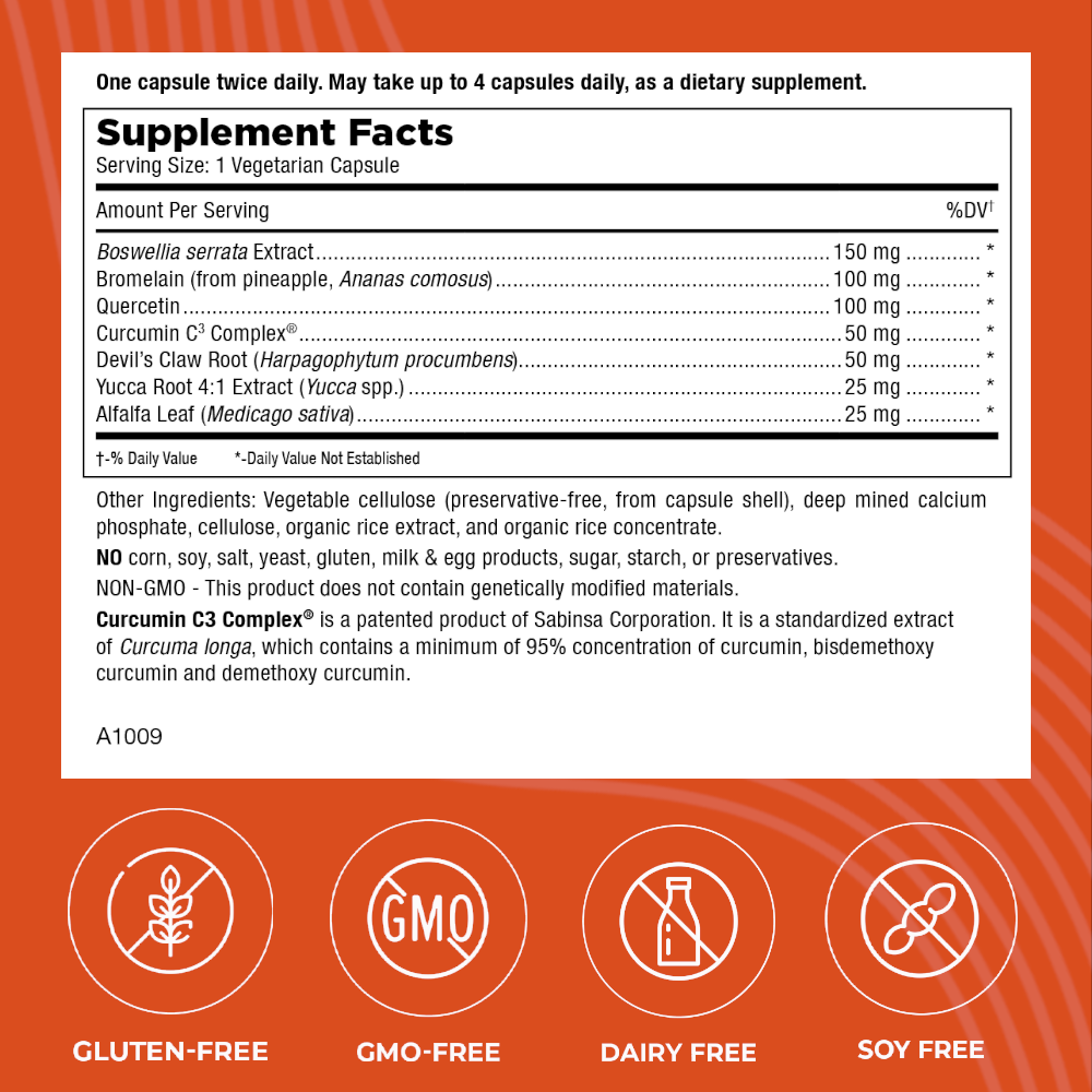 Image of the Supplement Facts Panel of Mt. Angel Vitamins' Inflameze, with the Gluten-Free, Non-GMO, Dairy-Free and Soy-Free Badges. Bromelain joint health joint support muscle recovery workout recovery move free turmeric Boswellia serrata inflammation swollen joints