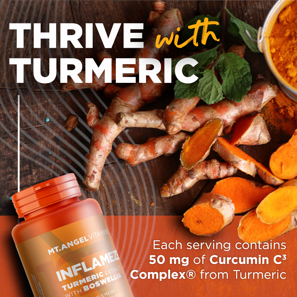 Background is of turmeric roots and turmeric powder, and a bottle of Mt. Angel Vitamins' Inflameze next to it. Text says "Thrive with Turmeric". Bromelain joint health joint support muscle recovery workout recovery move free turmeric Boswellia serrata inflammation swollen joints
