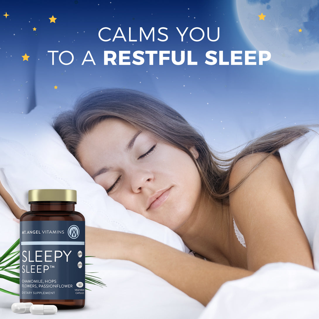 Image of blue bottle of Mt. Angel Vitamins Sleepy Sleep product in front of woman sleeping peacefully, with the tagline Calms You to a Restful Sleep.