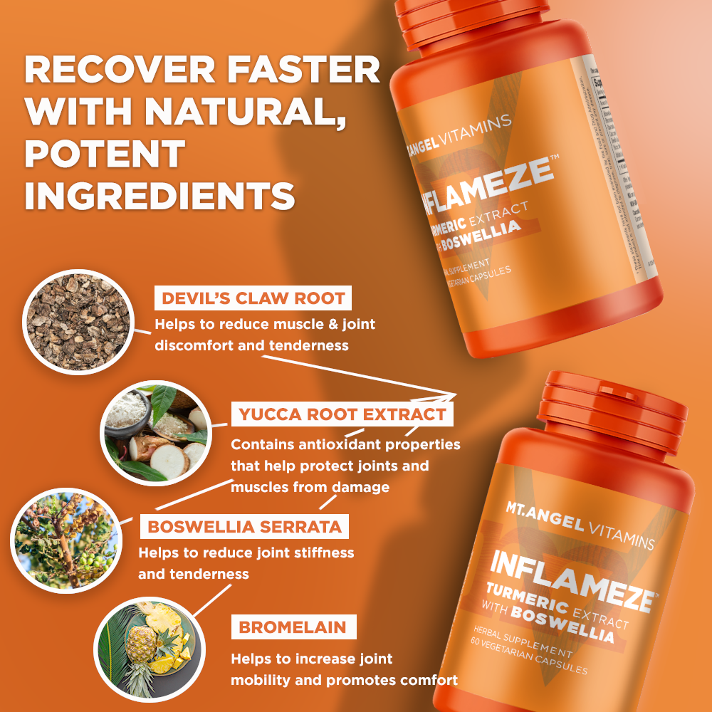 Image of two bottles of Mt. Angel Vitamins' Inflameze with the text "recover faster, with natural, potent ingredients". Images and descriptions of the ingredients included in the bottle. Bromelain joint health joint support muscle recovery workout recovery move free turmeric Boswellia serrata inflammation swollen joints