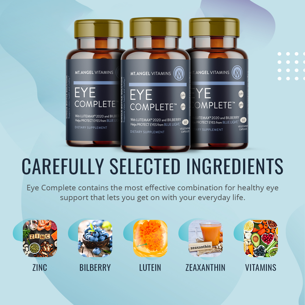 Three bottles of Mt. Angel Vitamins Eye Complete on top of pictures of zinc, bilberry, lutein, zeaxanthin, vitamins images. eye health vision health vision supplement best eye product dry eyes screen time blue light lutein