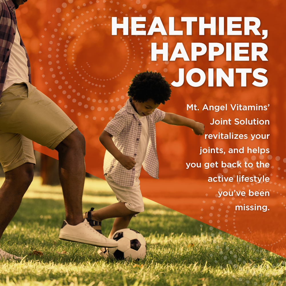 Dad and son playing soccer, with the words "healthier, happier joints". joint health joint support inflammation response swelling joint vitamin move free joint supplement