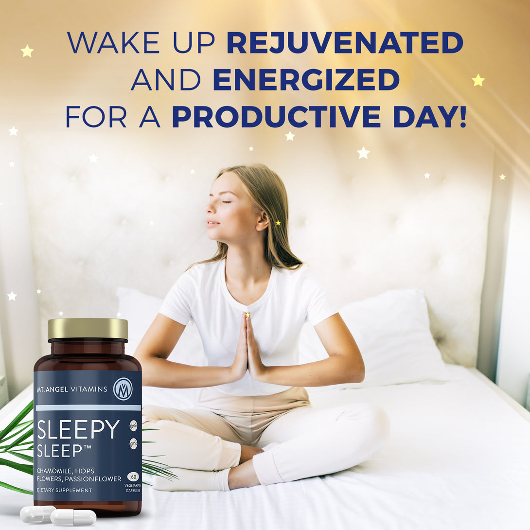 Image of blue Mt. Angel Vitamins Sleepy Sleep bottle in front of a woman who just woke up and is feeling rested for the day. The tagline says Wake up Rejuvenated and Energized for a Productive Day