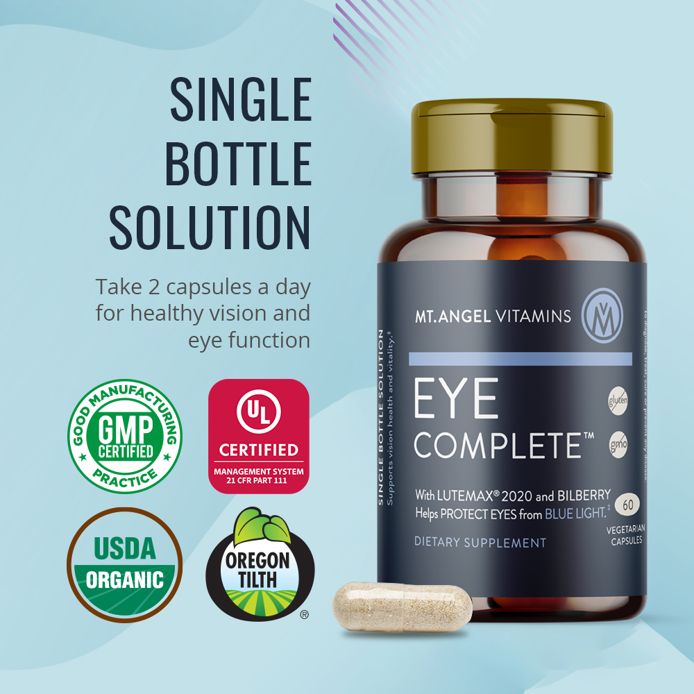 Bottle of Mt. Angel Vitamins Eye Complete next to badges for GMP, USDA Organic, UL Certified and Oregon Tilth. eye health vision health vision supplement best eye product dry eyes screen time blue light lutein