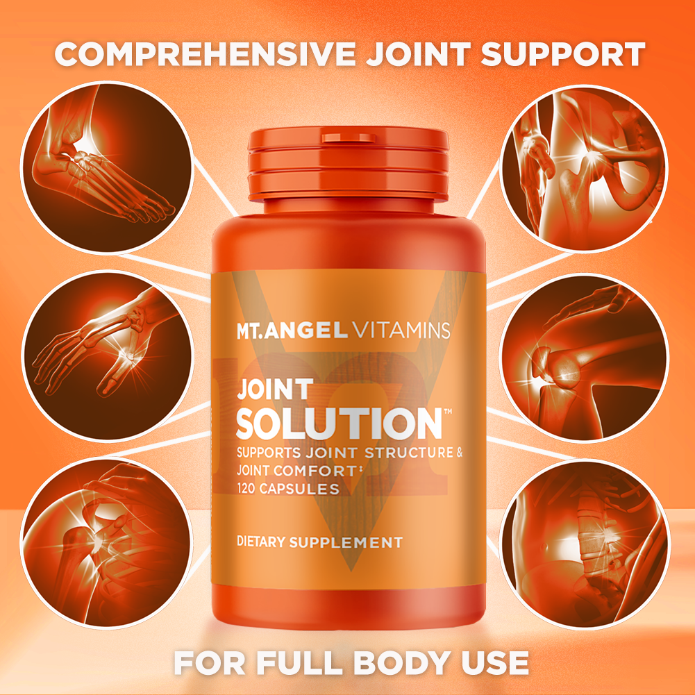 A bottle of Mt. Angel Vitamins' Joint Solution with various joint images surrounding it. The text reads "comprehensive joint support for full body use". joint health joint support inflammation response swelling joint vitamin move free joint supplement