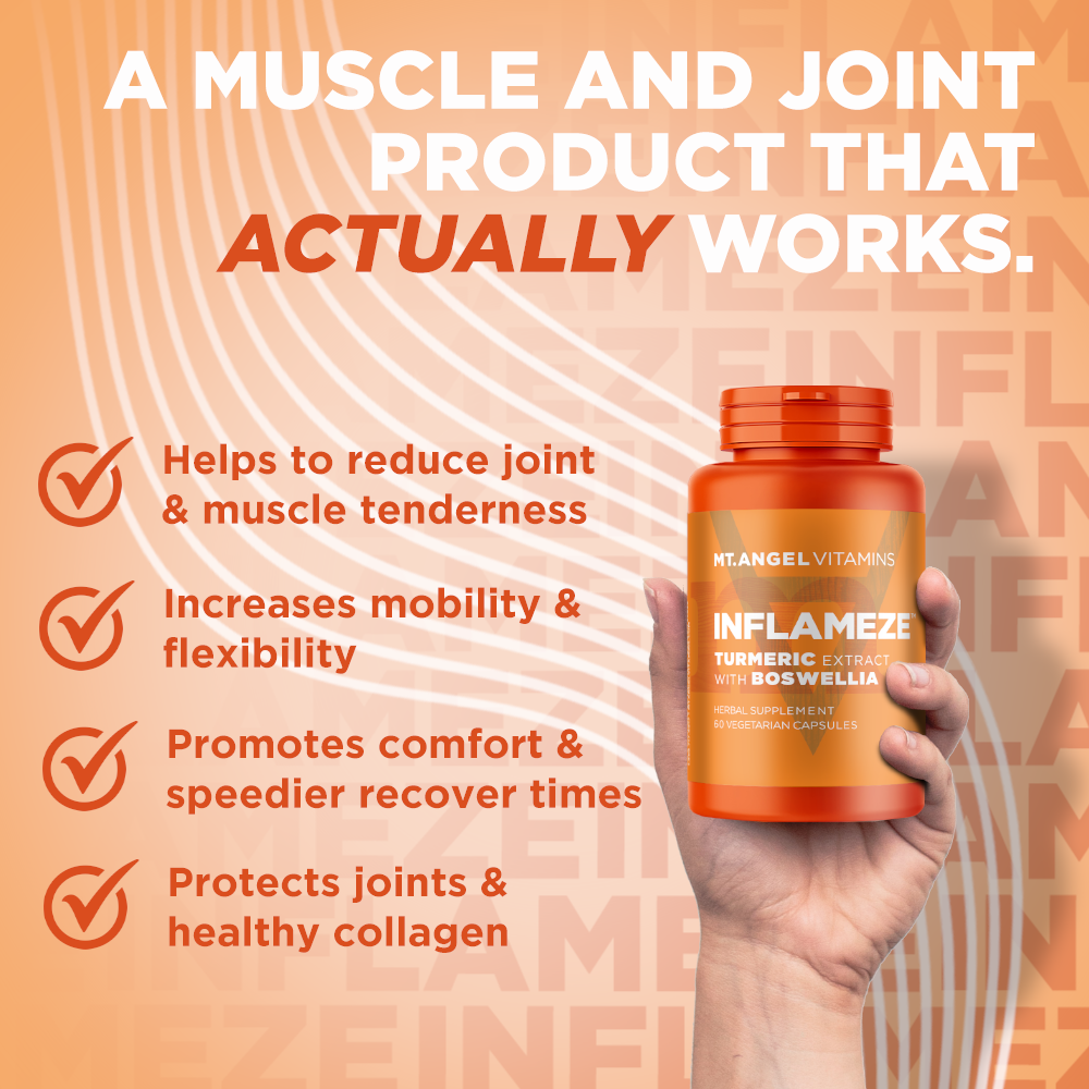 Image of a hand holding a bottle of Mt. Angel Vitamins' Inflameze with the text "A muscle and joint product that actually works". Bromelain joint health joint support muscle recovery workout recovery move free turmeric Boswellia serrata inflammation swollen joints