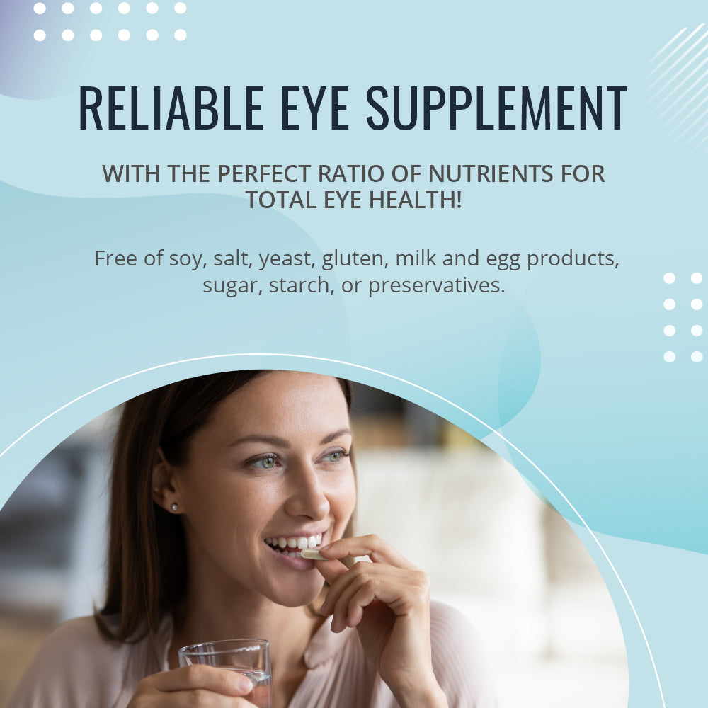 Woman taking vitamins with a glass of water. eye health vision health vision supplement best eye product dry eyes screen time blue light lutein